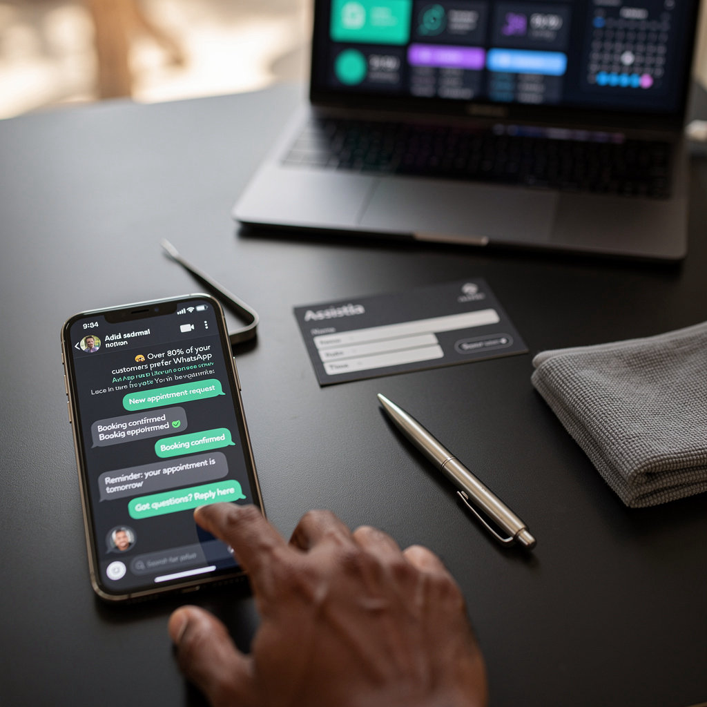 Assistia WhatsApp automation interface showing AI-powered messaging, instant appointment booking, and customer conversations for Caribbean businesses